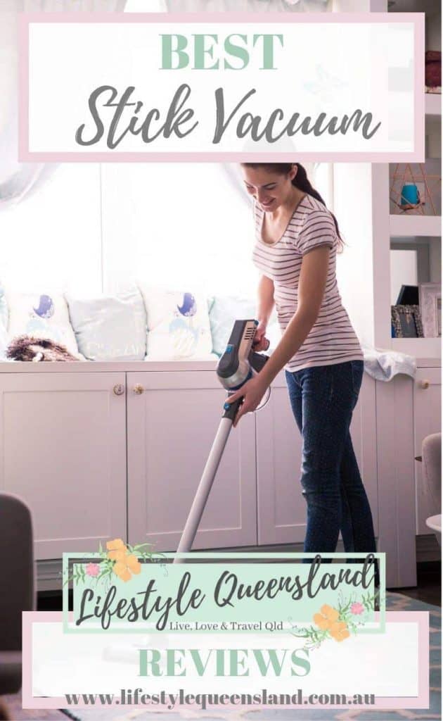 A Pinterest image on "how to choose the best stick vacuum" with a woman using the best stick vacuum