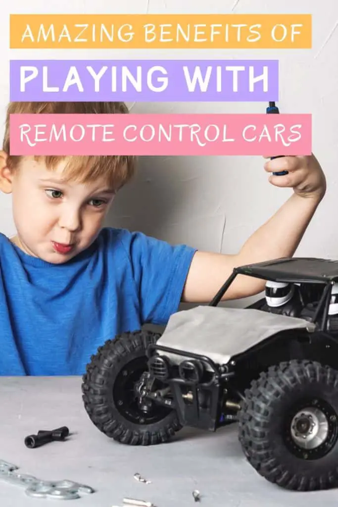 best remote control cars for kids pin image with a child trying to fix his high tech car