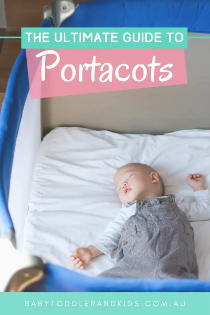 pin image for the best portacot, Australia. Shows baby sleeping in portacot